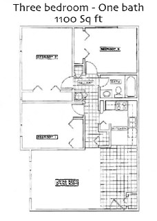 Floor plan for 3 beds, 1 bath, 1100 sqft